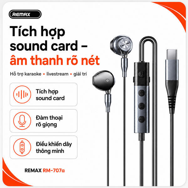 Tai nghe dây đầu typeC cắm dây Remax RM-707a (tích hợp sound card).