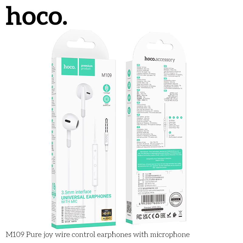 Tai nghe dây đầu tròn Hoco M109 3.5 trắng