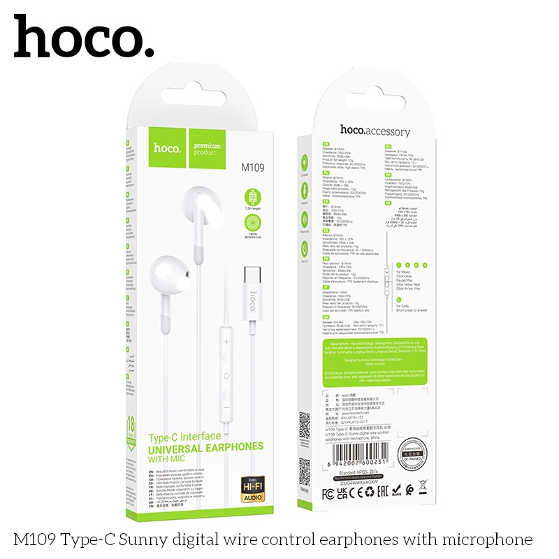 Tai nghe dây đầu TypeC Hoco M109 Type-C Sunny digital wire control