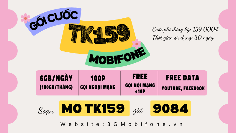 Sim Mobilefone sẳn gói TK159, 6g/ngày, 100 phút ngoại mạng, tháng nạp 159k