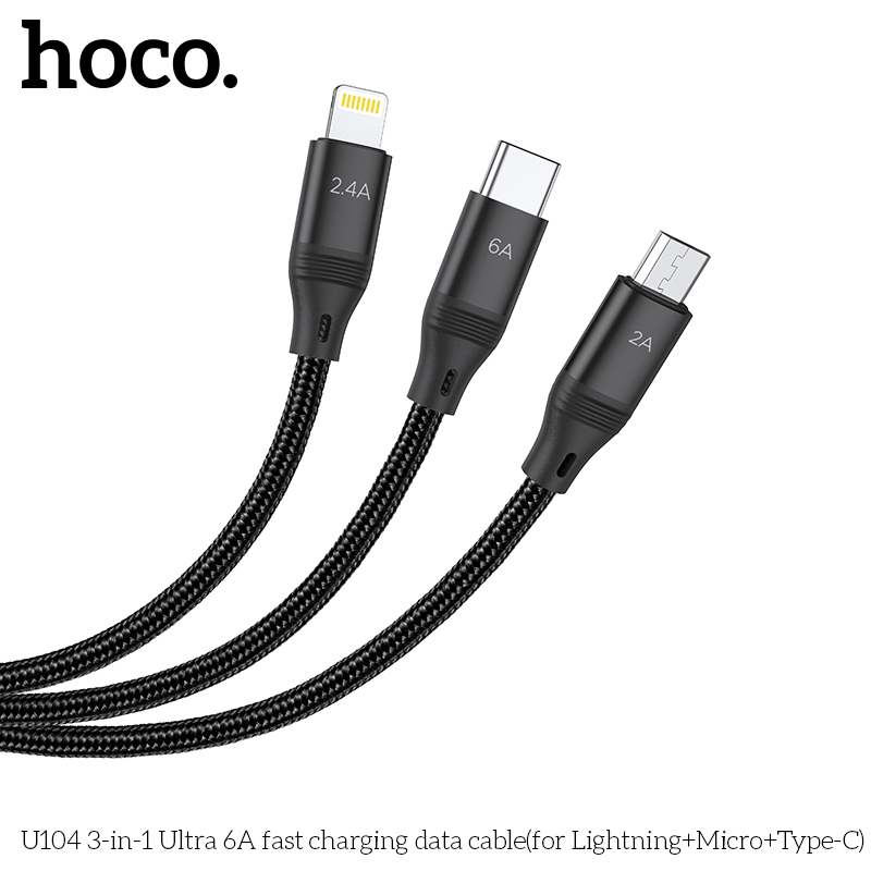 Cáp sạc 3 đầu 60w hoco U104 (Lighting,micro,TypeC)