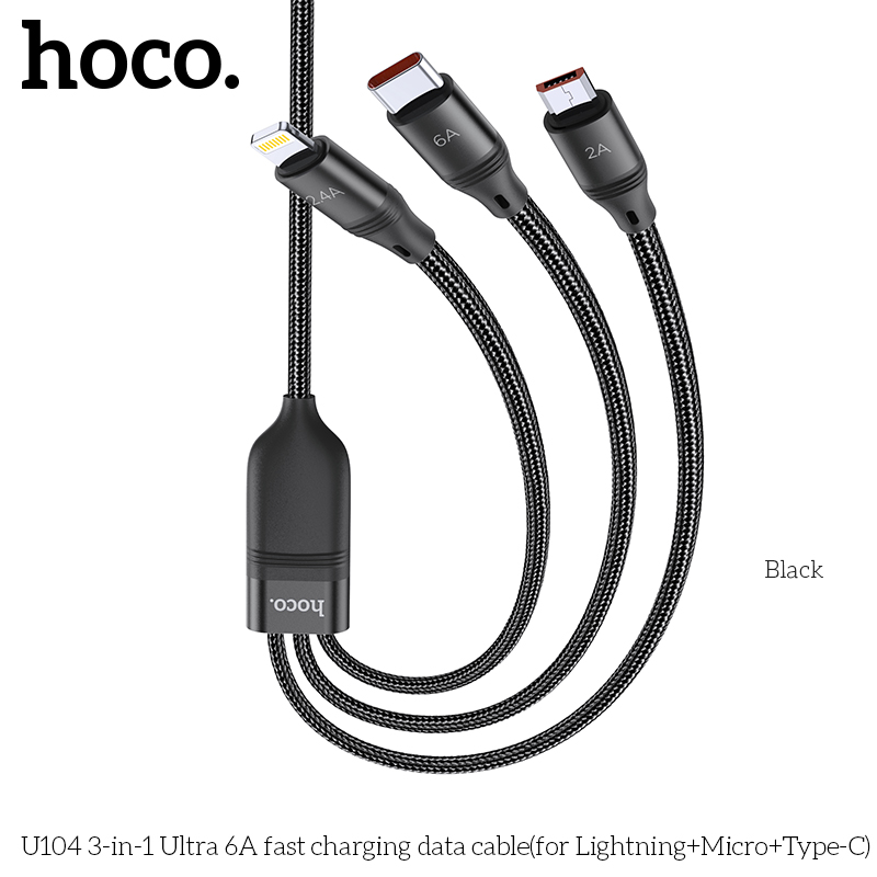 Cáp sạc 3 đầu 60w hoco U104 (Lighting,micro,TypeC)