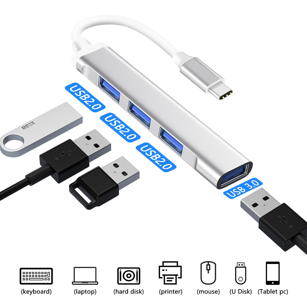 Cáp Chia TypeC Ra 4 Cổng USB 3.0 Trắng Vỏ Nhôm