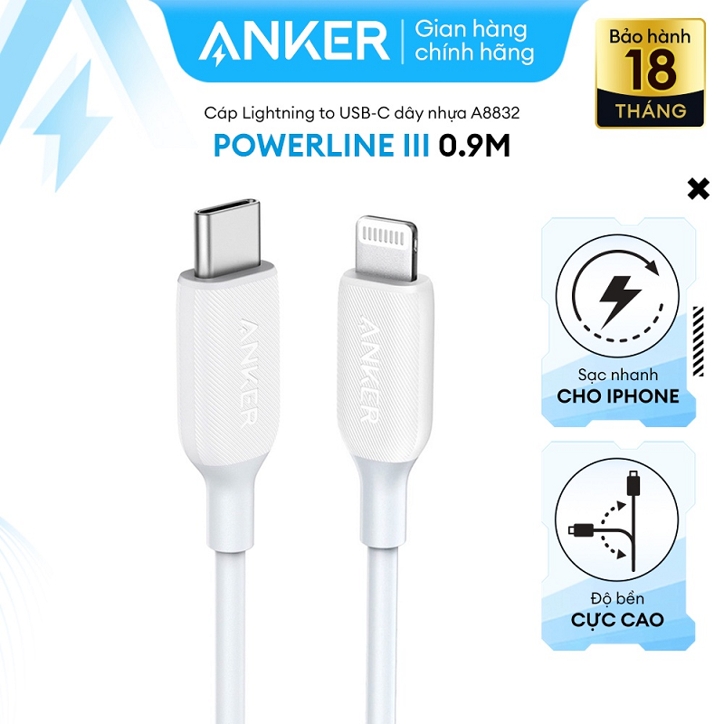 Cáp sạc TypeC-Lighting Anker 322 20w 1.8m Nylon/Trắng