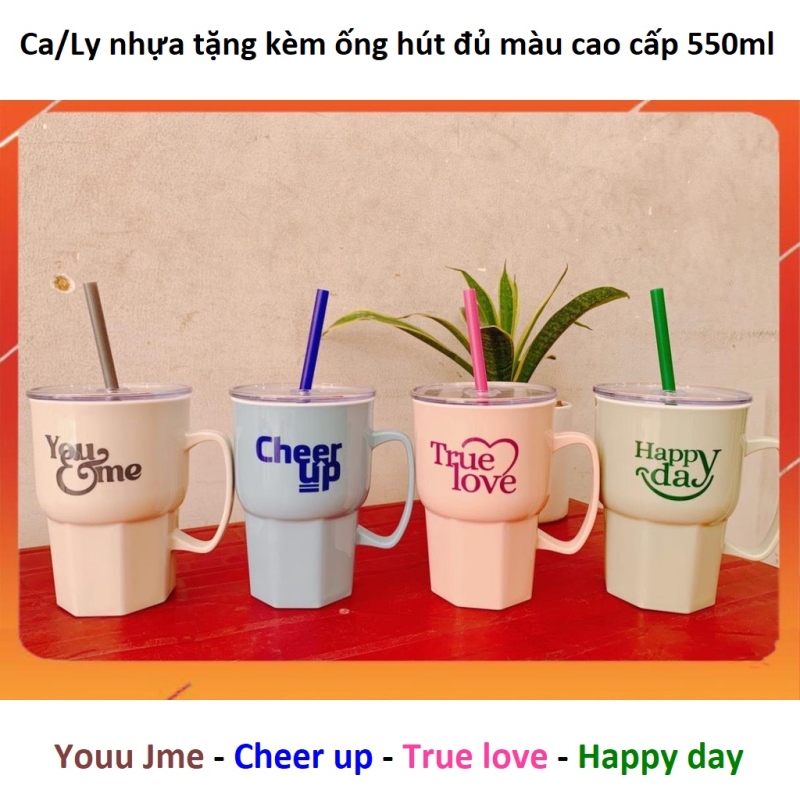 Ly nước nhựa tặng kèm ống hút đủ màu cao cấp 550ml (có quai cầm)