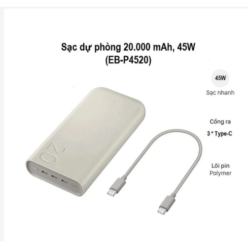 Sạc dự phòng 45W chính hãng Samsung 20.000mah ra 3 cổng TypeC EB-P4520