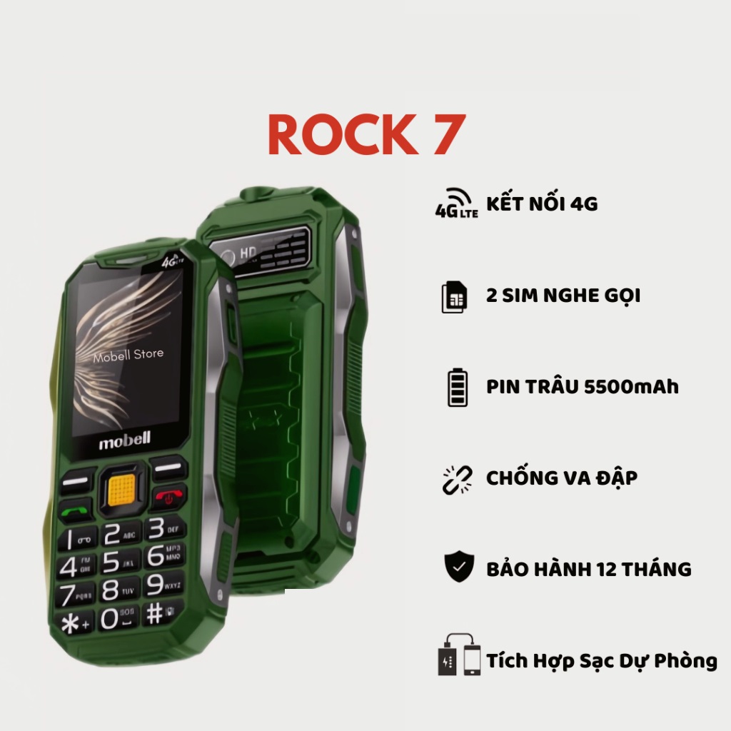 Điện thoại Mobell Rock 7 4G Kiêm sạc dự phòng pin 5500mah