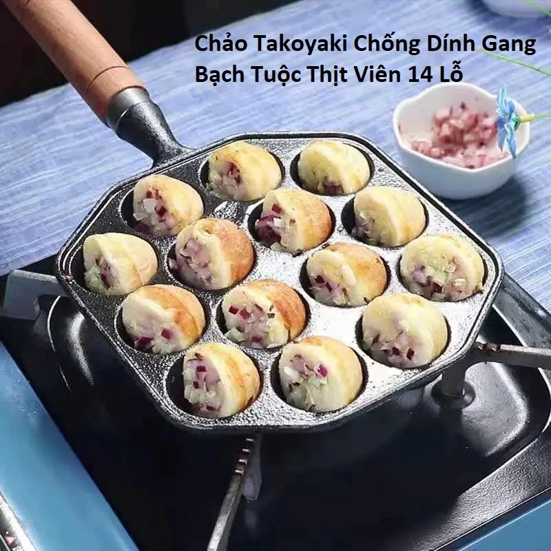 Chảo Takoyaki Chống Dính Gang Bạch Tuộc Thịt Viên 14 Lỗ..