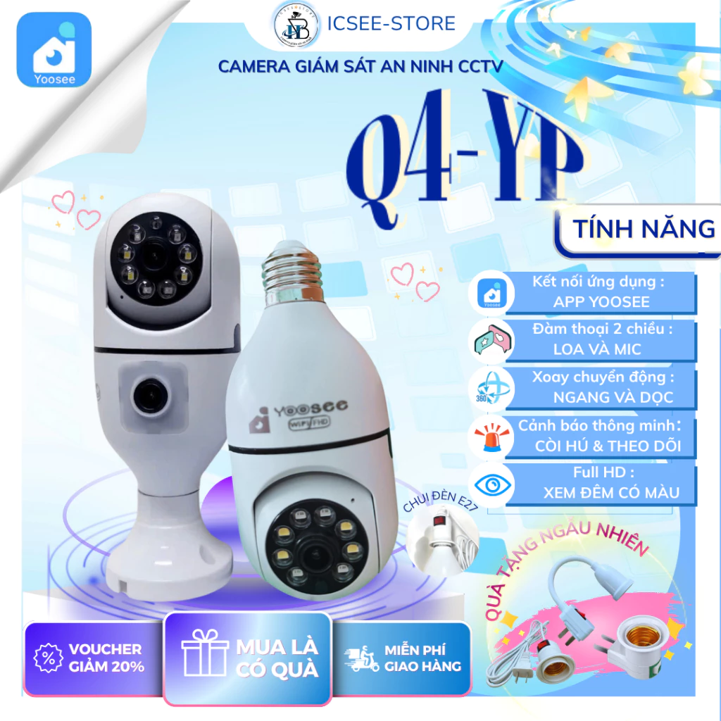 Camera Wifi Yoosee Q4 2 mắt, đuôi đèn trong nhà
