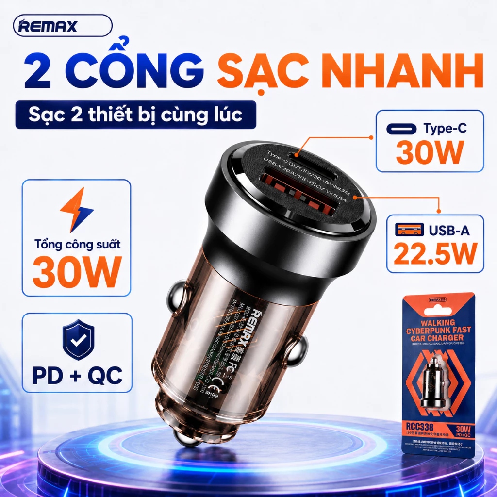 Tẩu Sạc nhanh 30W xe hơi Remax RCC338