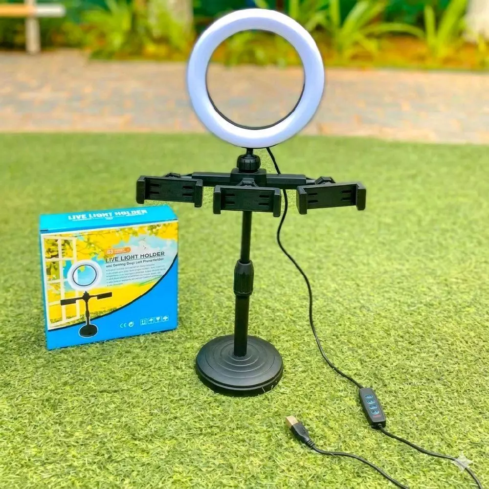 Gậy kệ livetream có đèn led + 3 kệ điện thoại