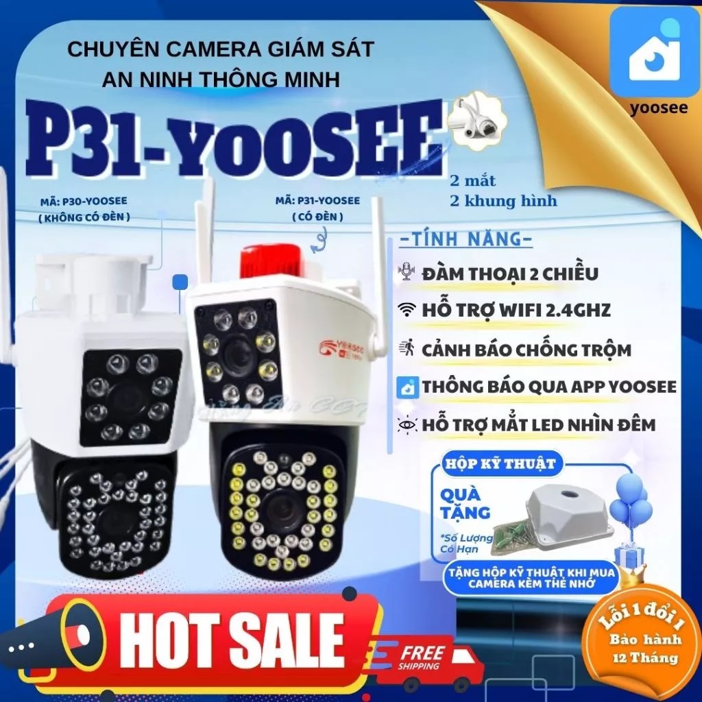 Camera Wifi Yoosee P31 2 mắt, còi hú, ngoài trời