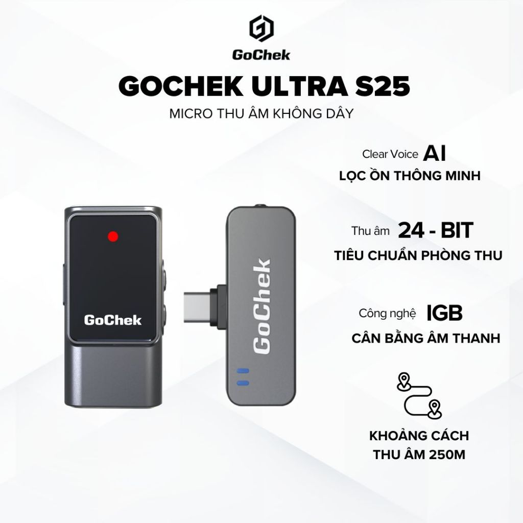 Micro thu âm Gocheck Ultra S25 - S2501, 2 đầu typeC + lighting, 1 micro