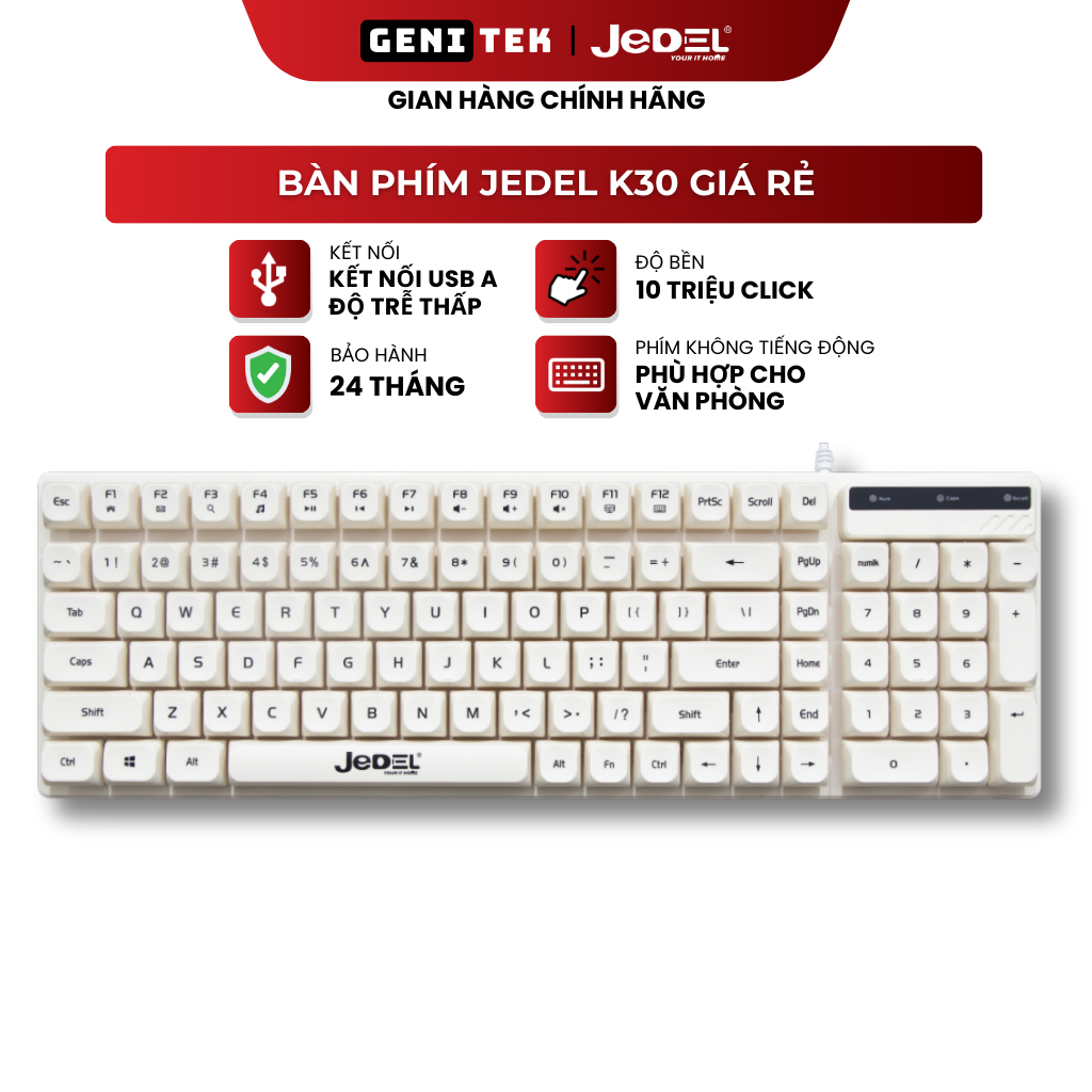 Bàn phím văn phòng có dây màu trắng JEDEL K30, 101 phím, dây 1.5m