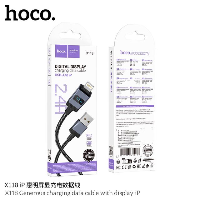 Cáp sạc Usb-Lighting nhanh 5A Có màn hình Hoco X118