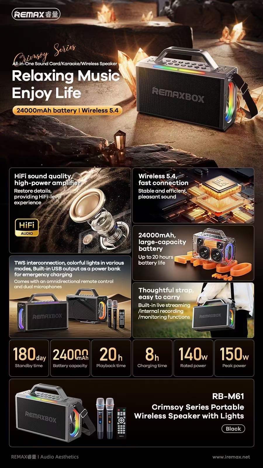 Loa Bluetooth REMAX Crimsoy Series Portable RB-M61 180W kèm 2 Micro