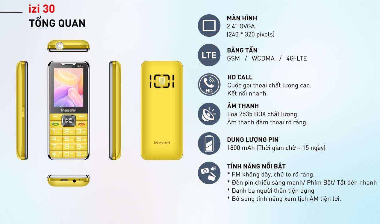 Điện thoại MASSTEL izi 30 4G Chính hãng - Sóng 4G chuẩn