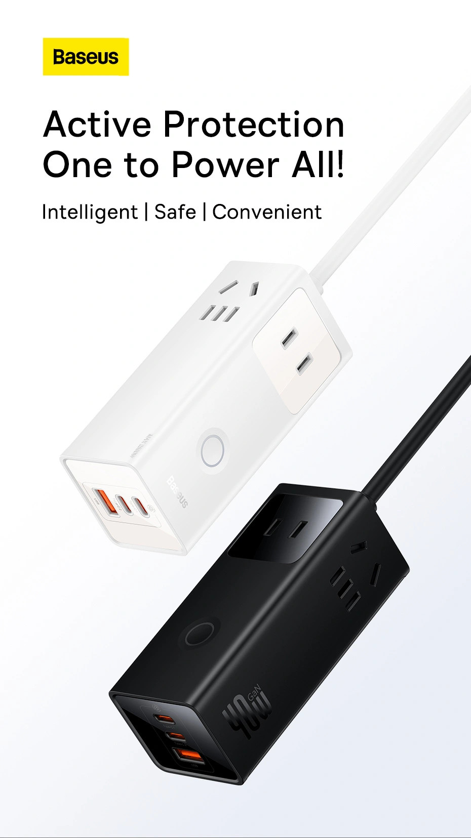 Trạm Sạc GaN 40W Baseus PowerCombo Digital PowerStrip 6IN1 ( 3 AC + 2 TypeC +USB ) Bảo Vệ Quá Tải BDIP