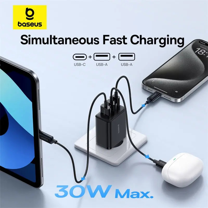 Cốc sạc 3 cổng OS-Baseus Cube Fast Charger 30W (2USB + TypeC)