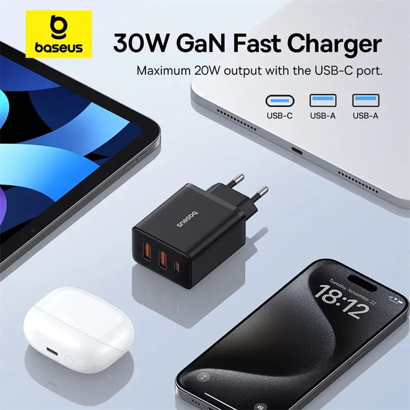 Cốc sạc 3 cổng OS-Baseus Cube Fast Charger 30W (2USB + TypeC)