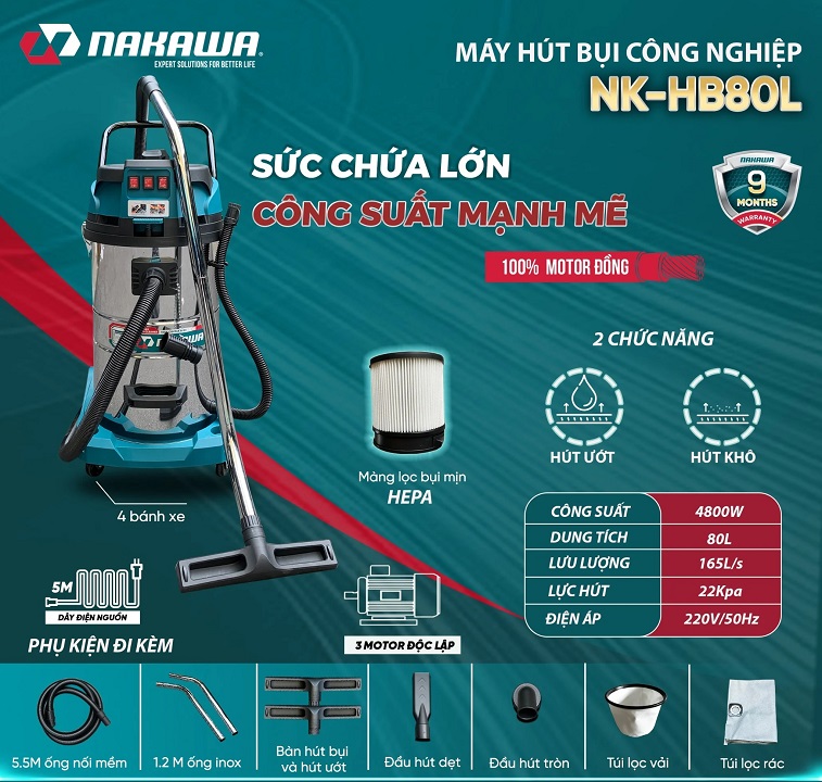 Máy hút bụi công nghiệp 4800W 80L Nakawa NK-HB80L