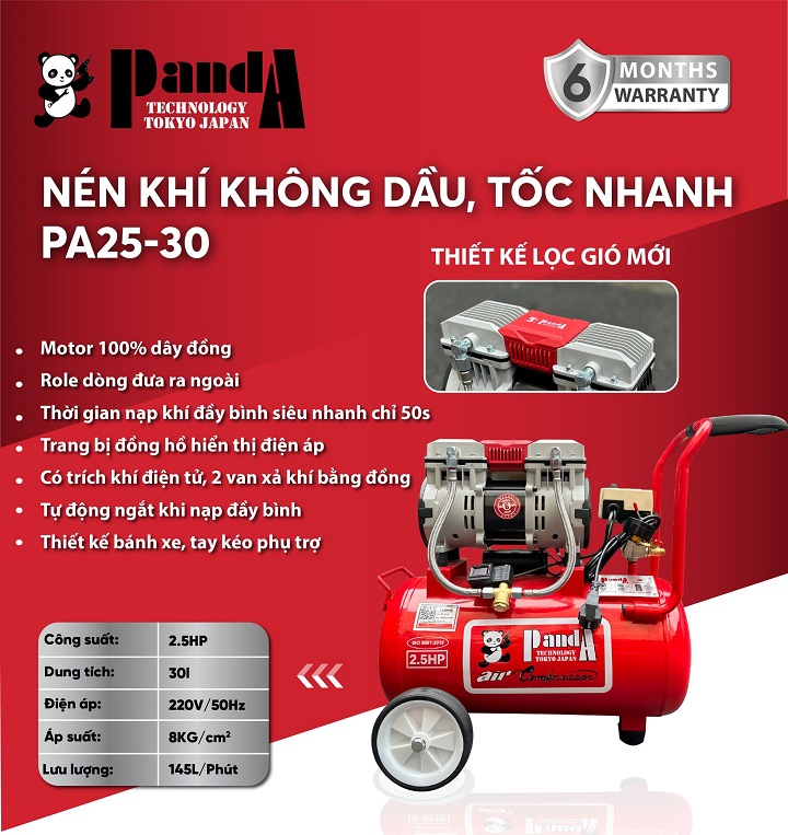 Máy nén khí không dầu Panda 2.5HP 30L PA25-30