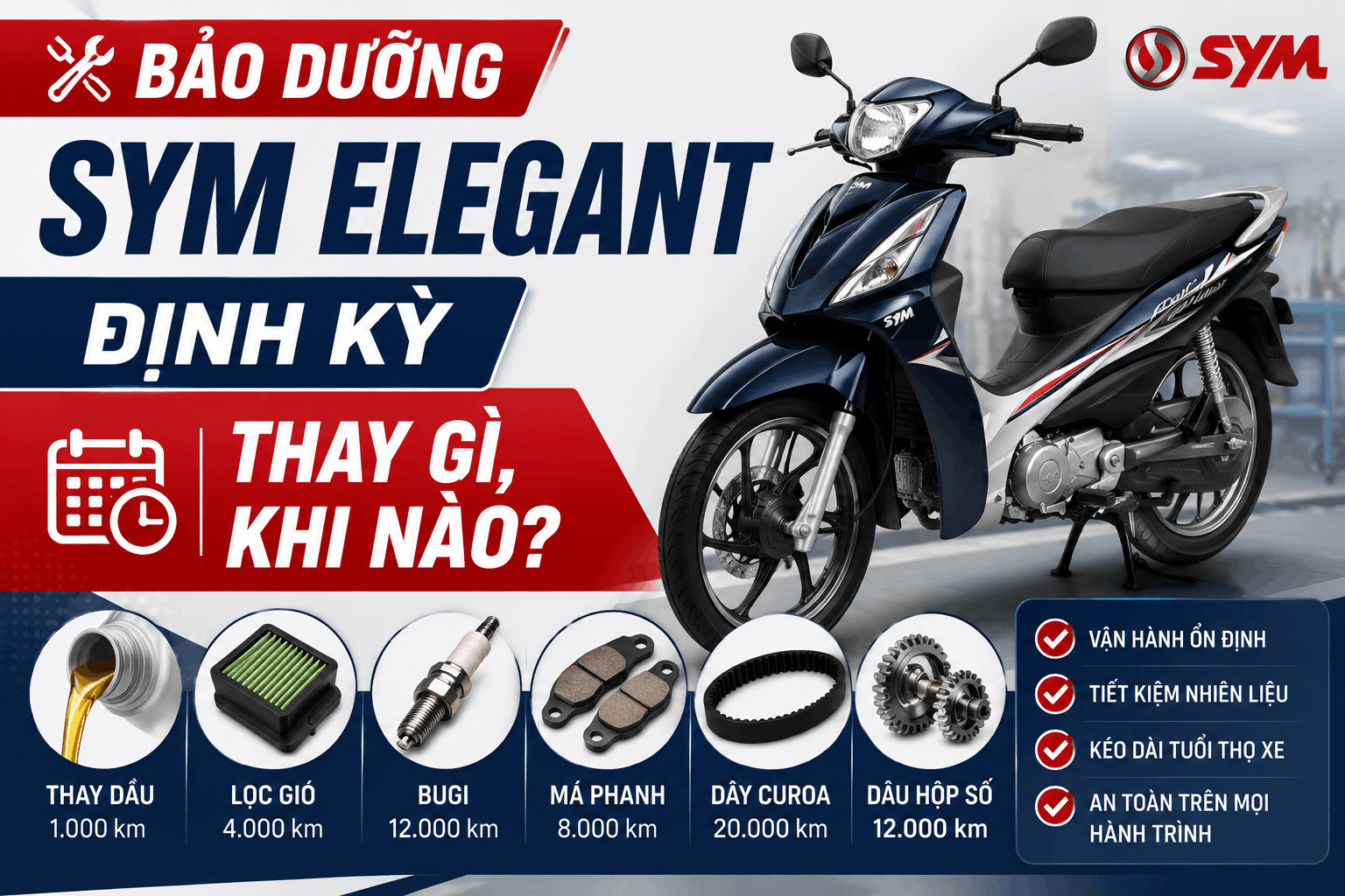 Bảo dưỡng xe SYM Elegant định kỳ — thay gì, khi nào?