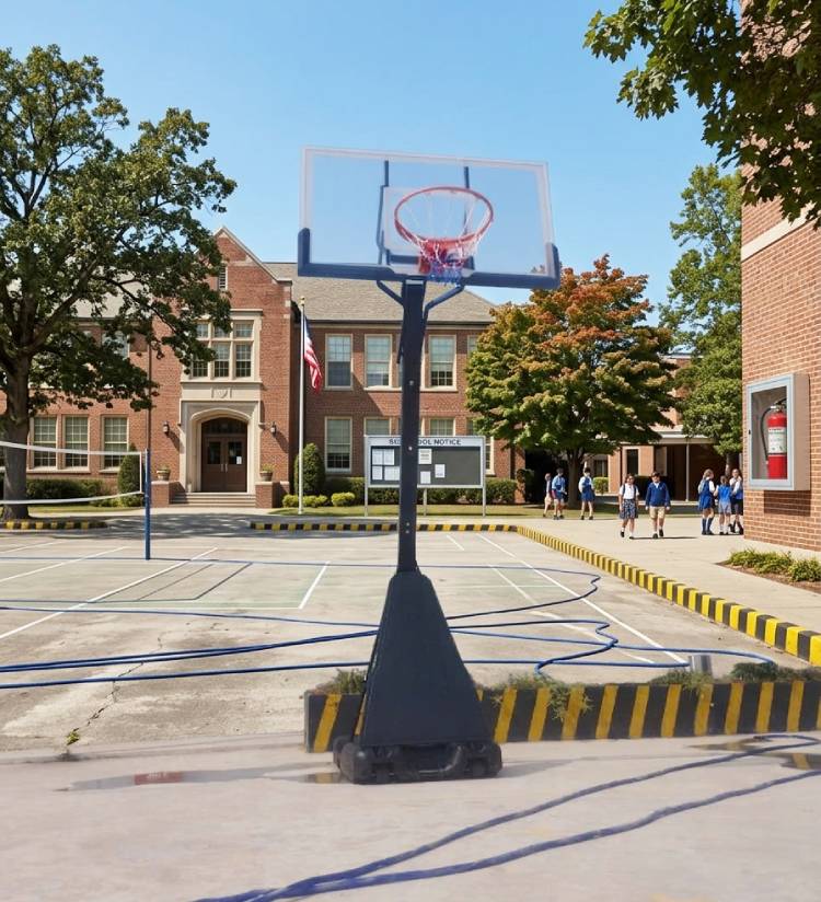 cột bóng rổ di chuyển tại sân trường học