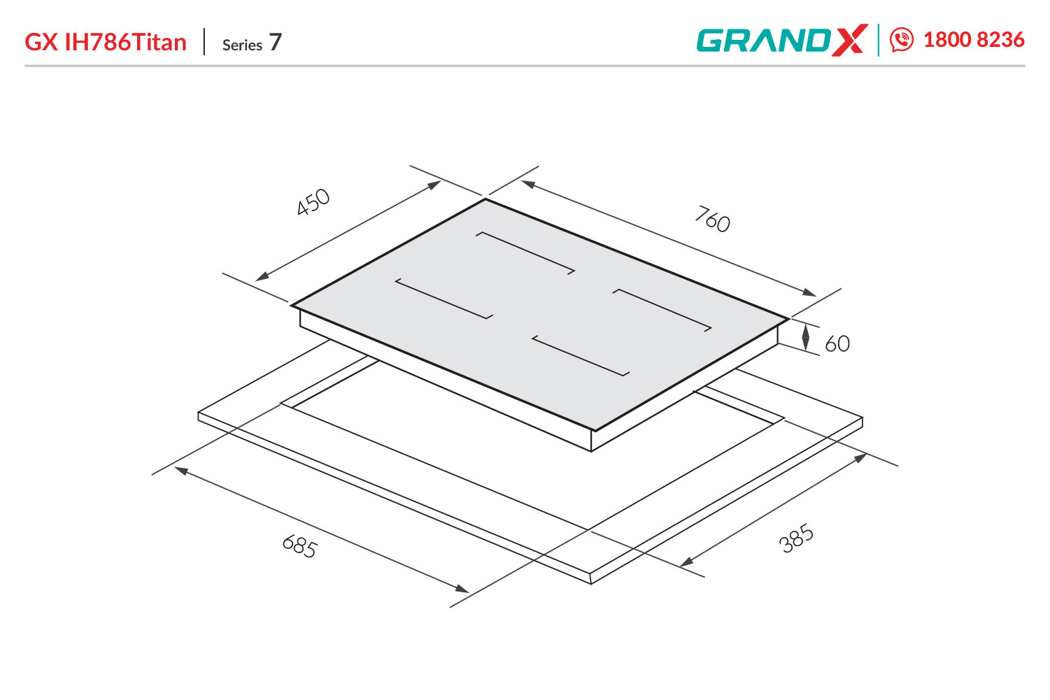 Kích thước bếp từ đôi GrandX GX IH786Titan và thông số khoét đá.