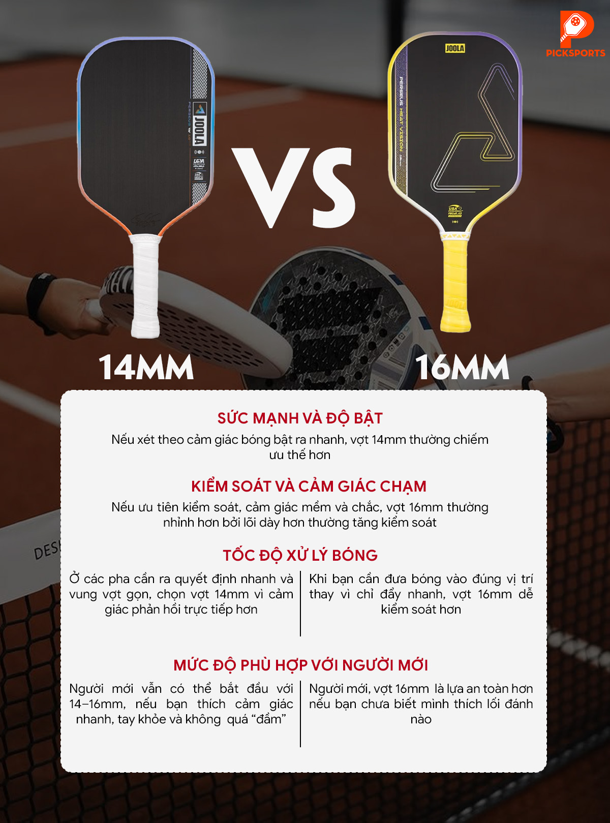 So sánh vợt Pickleball 14mm và 16mm Picksports.vn