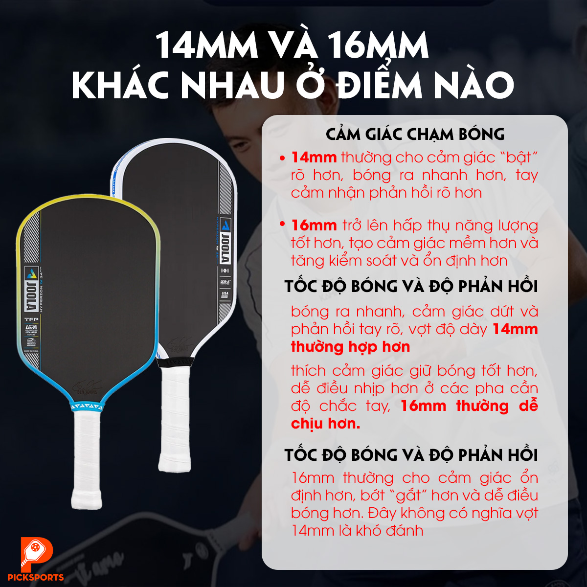 Vợt Pickleball 14mm và 16mm khác nhau thế nào - Picksports.vn