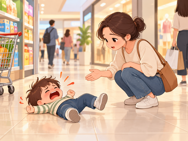 Bé nằm lăn ra sàn ăn vạ, bố mẹ nên làm gì?