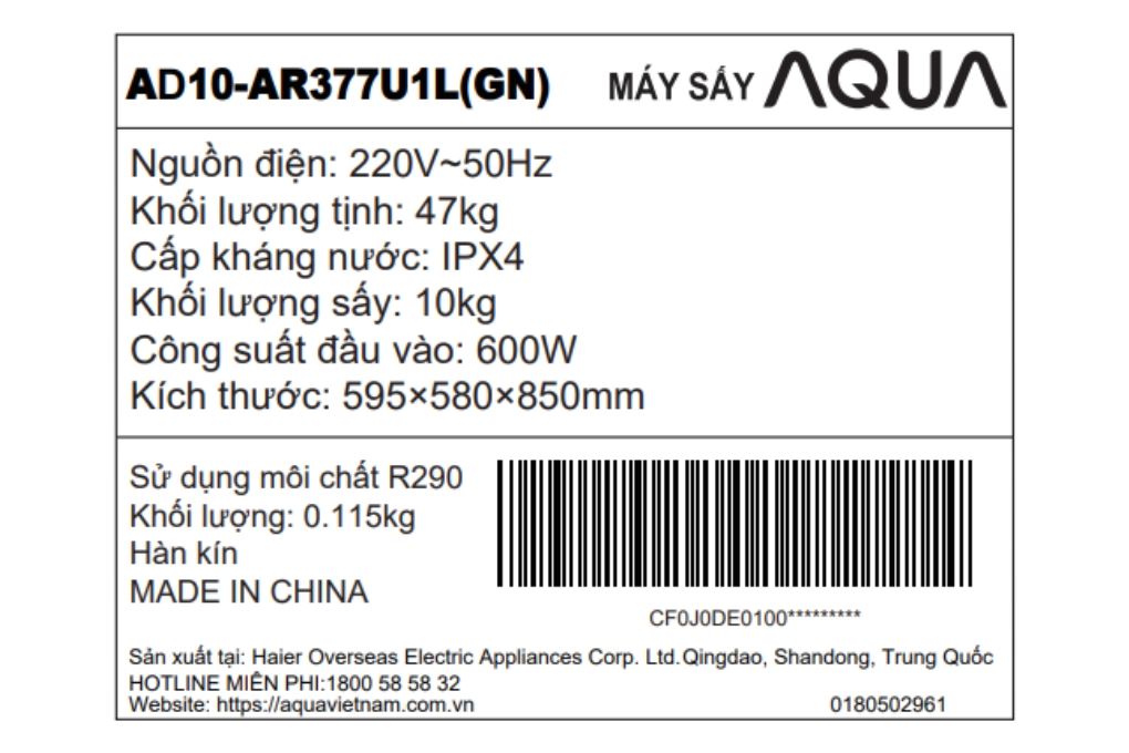 Máy sấy bơm nhiệt Aqua 10 kg AD10-AR377U1L GN
