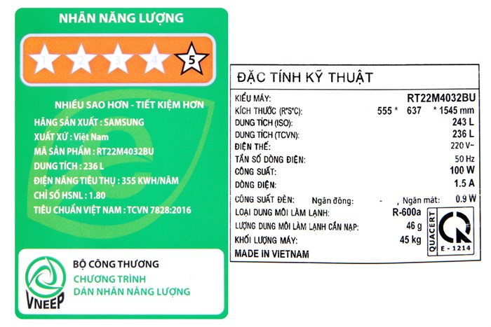 Tủ lạnh Samsung Inverter 236 lít RT22M4032BU