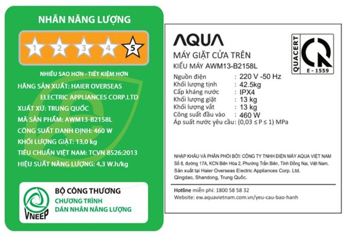 Máy giặt Aqua Inverter 13 kg AWM13-B2158L(B)