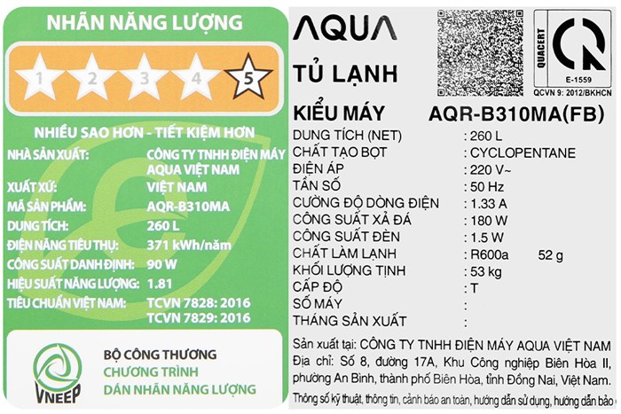 Tủ lạnh Aqua Inverter 260 lít AQR-B310MA(FB)