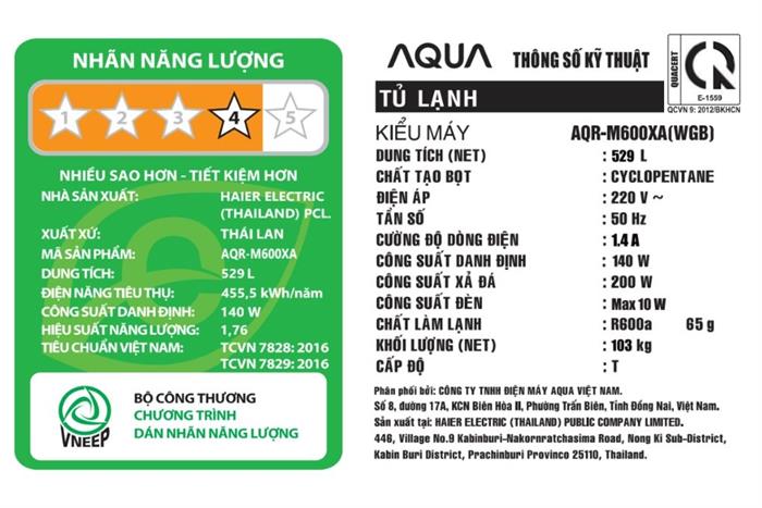 Tủ lạnh AQUA Inverter 529 lít Multi Door AQR-M600XA(WGB)