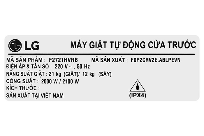 Máy giặt sấy LG AI DD Inverter giặt 21 kg - sấy 12 kg F2721HVRB