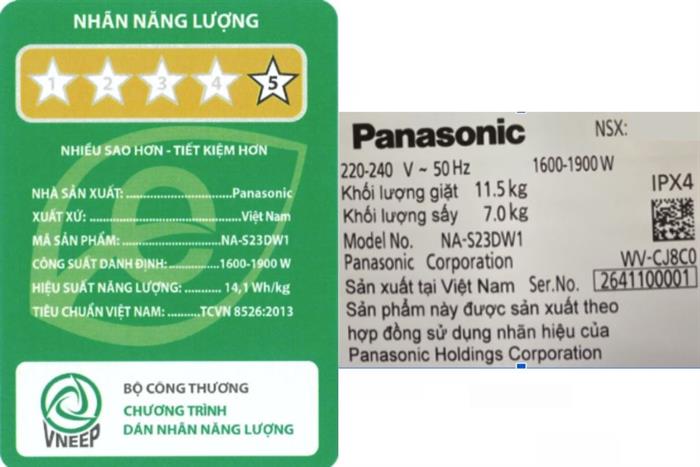 Máy giặt sấy Panasonic Inverter giặt 11.5 kg - sấy 7 kg NA-S23DW1BVT