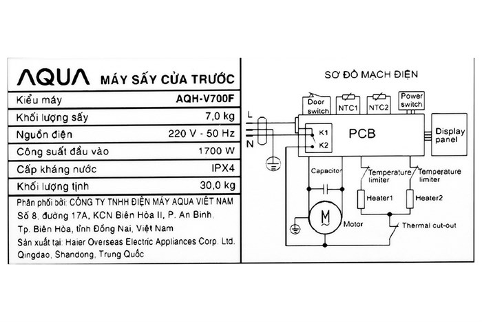 Máy sấy thông hơi Aqua 7 kg AQH-V700FW