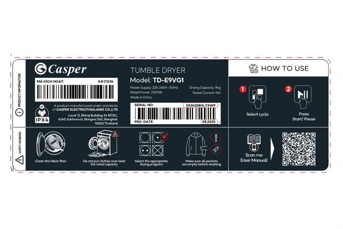 Máy sấy thông hơi Casper 9 kg TD-E9VG1