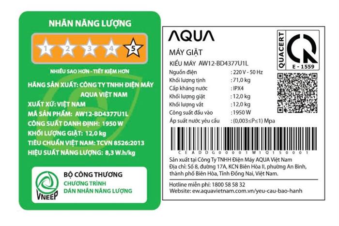 Máy giặt Aqua Inverter 12 kg AW12-BD4377U1L(GN)