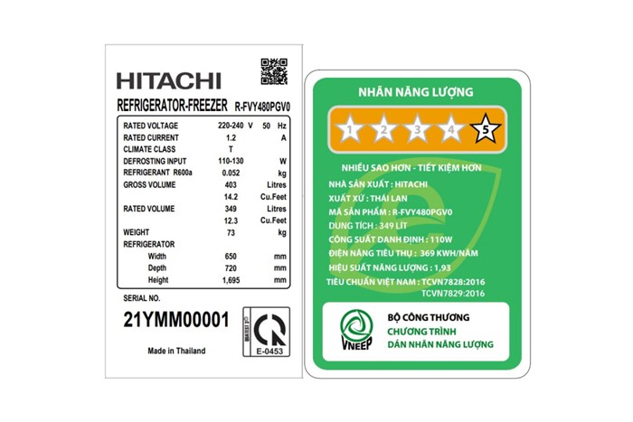 Tủ lạnh Hitachi Inverter 349 lít R-FVY480PGV0 GMG