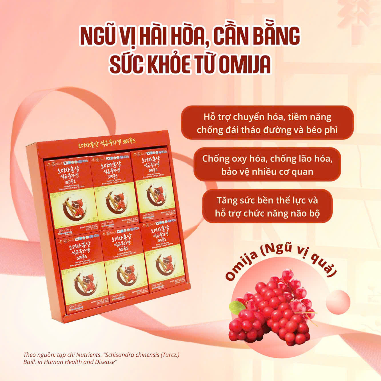 Nước hồng sâm lựu Omija Red Ginseng Pomegranate Collagen 365 Gold Hộp 30 gói x 70ml