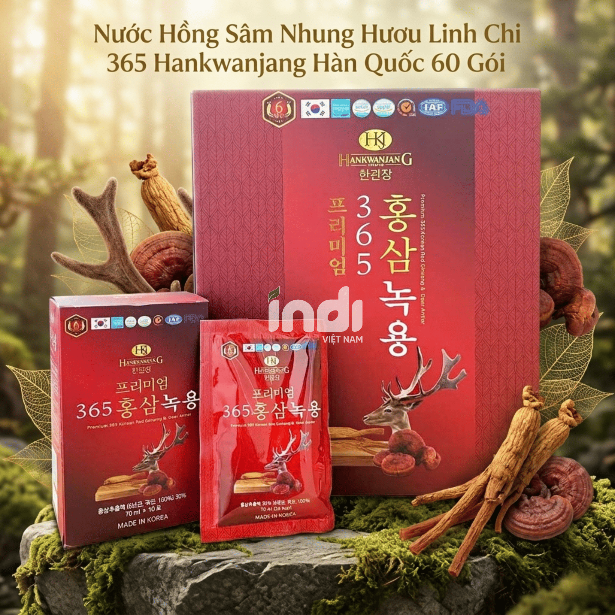 Nước Hồng Sâm Linh Chi Nhung Hươu Hàn Quốc Hankwanjang Premium 365 Korean Red Ginseng & Deer Antler 60 Gói