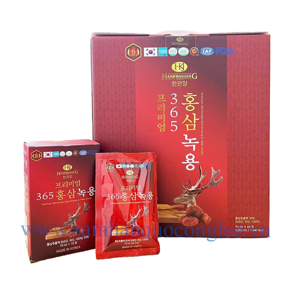 Nước Hồng Sâm Linh Chi Nhung Hươu Hàn Quốc Hankwanjang Premium 365 Korean Red Ginseng & Deer Antler 60 Gói
