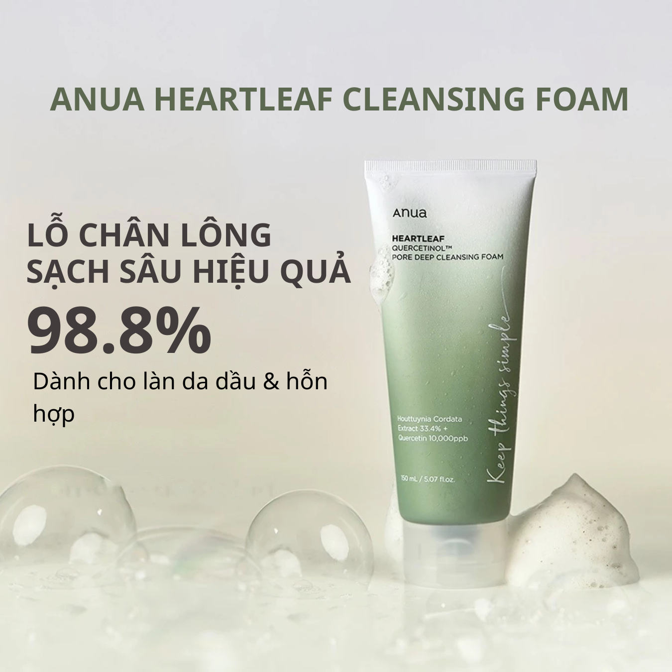 Sữa rửa mặt sạch sâu Anua Heartleaf Quercetinol Pore Deep Cleansing Foam 150ml