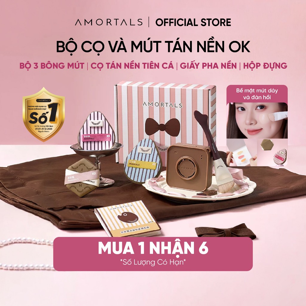 Bộ dụng cụ trang điểm Amortals OK (gồm 3 bông phấn+1 cọ+1 hộp giấy pha màu trang điểm+1 hộp đựng)