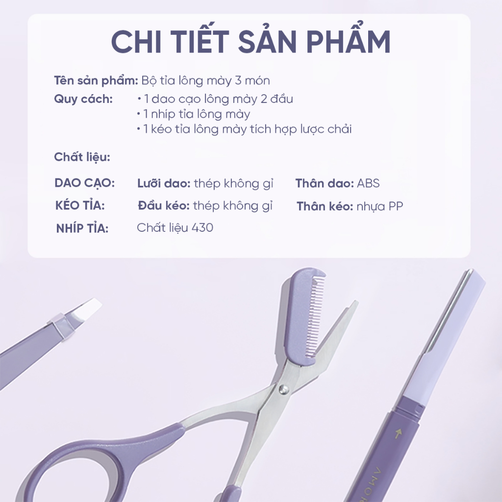 Bộ 3 dụng cụ dao kéo cắt tỉa lông mày Amortals (gồm Kéo cắt lông mày 1 cây + dao tỉa lông mày 2 đầu 1 cây + nhíp lông mày 1 cây)