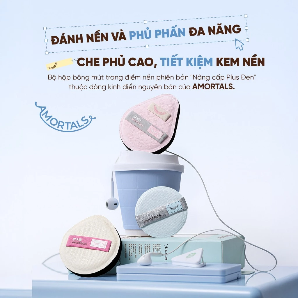 Bộ Bông Mút Trang Điểm Amortals Original Series Black Plus Foundation Puff Set (1 Bông phấn phủ+2 Bông phấn ướt)